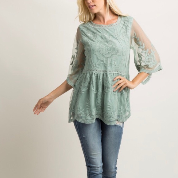 Mint Green Scalloped Embroidered Mesh Top - Picture 1 of 3